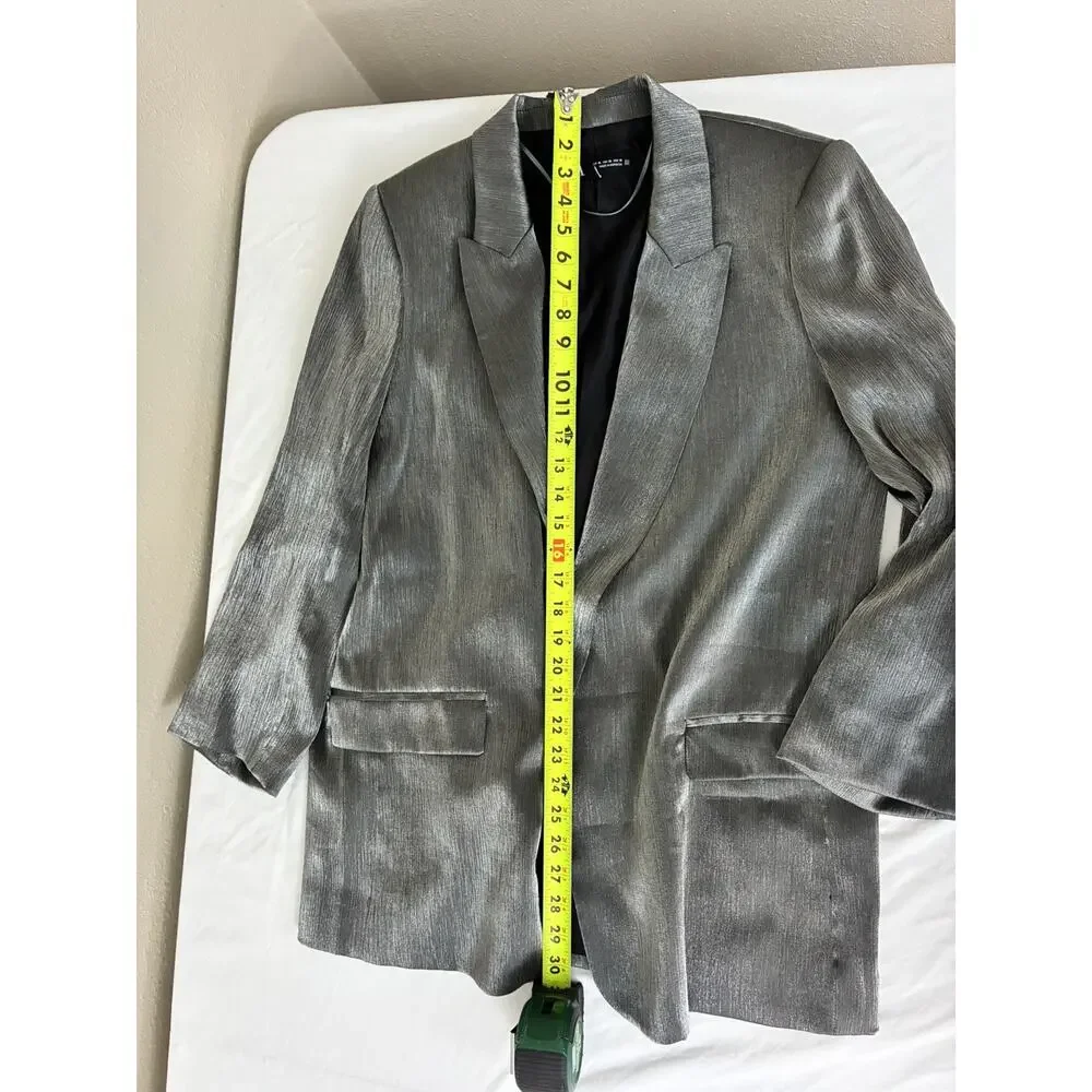 Zara Womens Blazer XL Textured Button Collar Shiny Metallic Party Silver